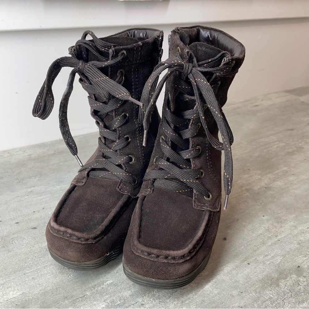 River Land Wedge Boots Womens 8 Brown Suede Moc Toe Lace Up Side Zip‎ Good